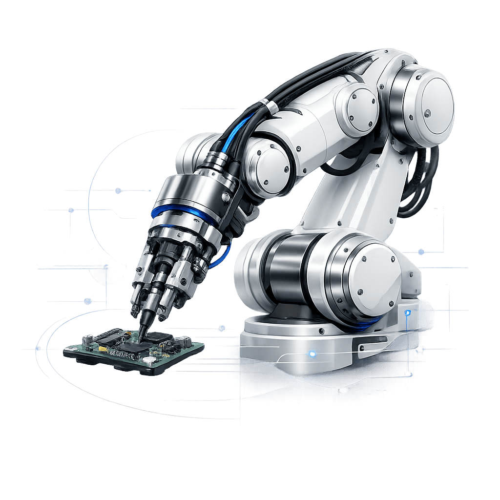 Six-axis robotic arm performing precision automated assembly on a circuit board